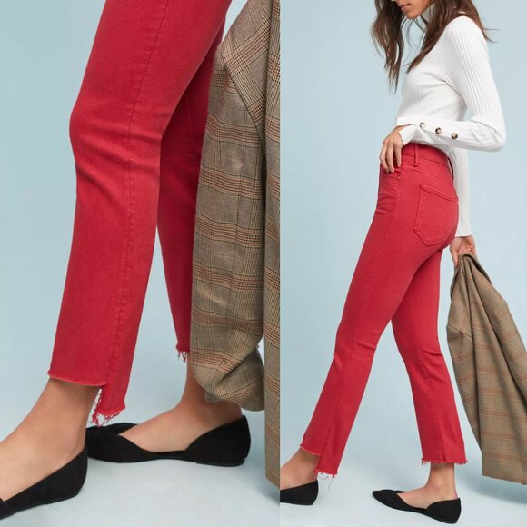 MOTHER The Insider High-Rise Crop Step Fray Jeans Hot Rod Red Size 30 $208 - Picture 4 of 16